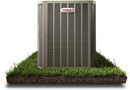 A Lennox air conditioning unit is placed on a square patch of grass and soil, isolated against a plain white background.