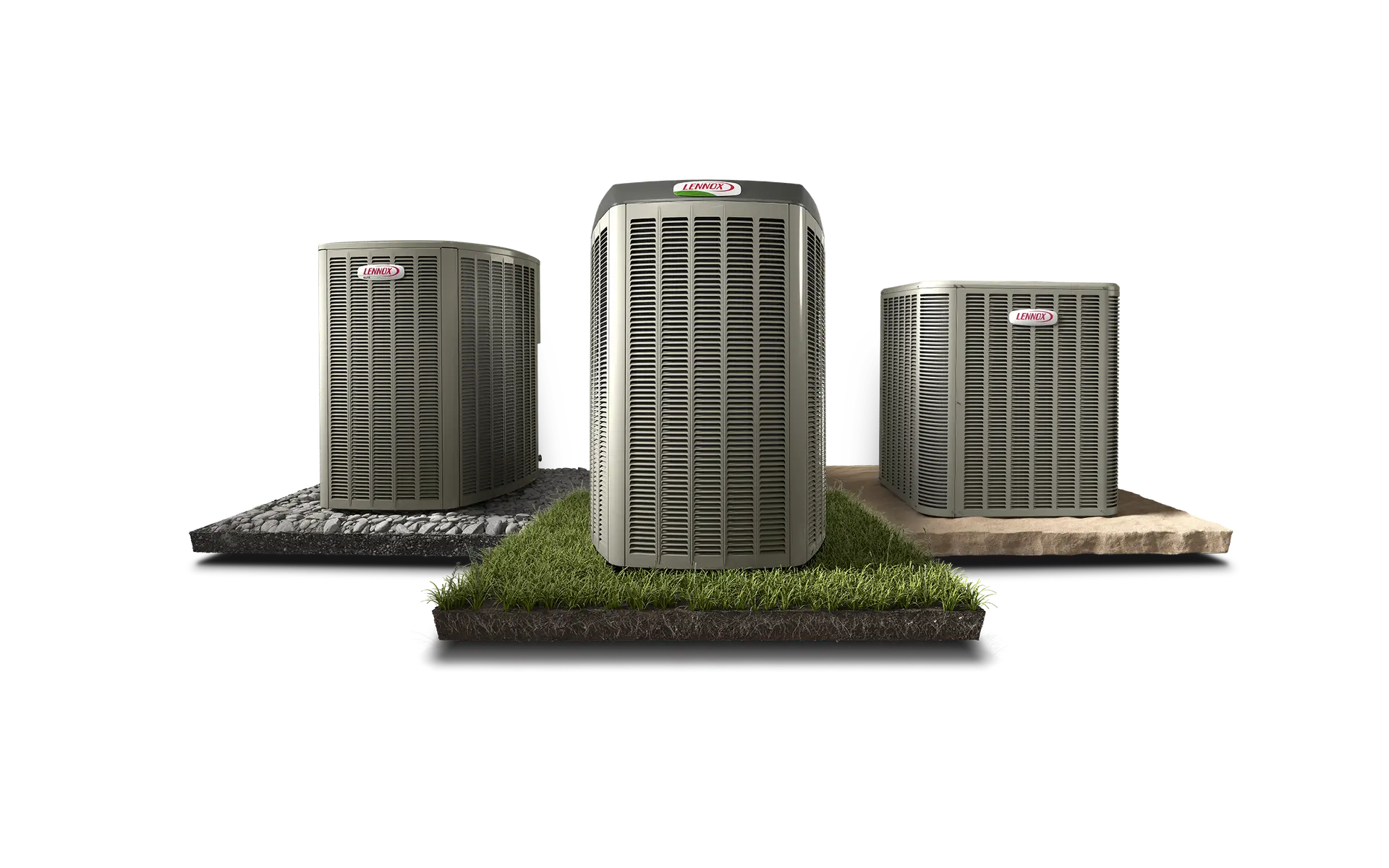Three Lennox air conditioning units on different platforms: concrete, gravel, and grass. Each unit is metallic with a similar design.