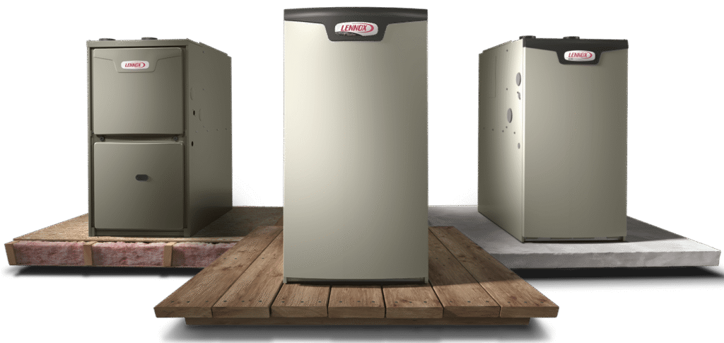 Three Lennox heating units displayed on different platforms, showcasing various models and designs against a dark background. No people or landmarks visible.