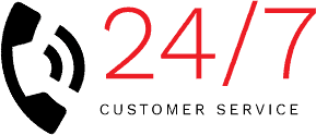 A black phone receiver icon beside red "24/7" text over "Customer Service" in black, representing round-the-clock support services.