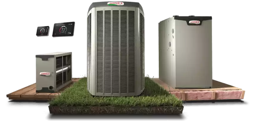 Three HVAC units, including a large central air condenser, are displayed on platforms with digital thermostats. The setup is isolated on black.