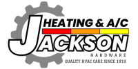 Logo of Jackson Heating & A/C. Features a large letter "J" with a gear symbol in the background and bold text over a colorful line.