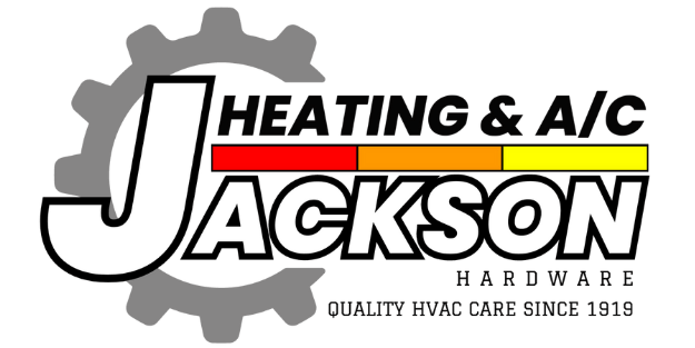 Logo for Jackson Heating & A/C Hardware features a gear design with bold text and a color gradient bar. Established in 1919.