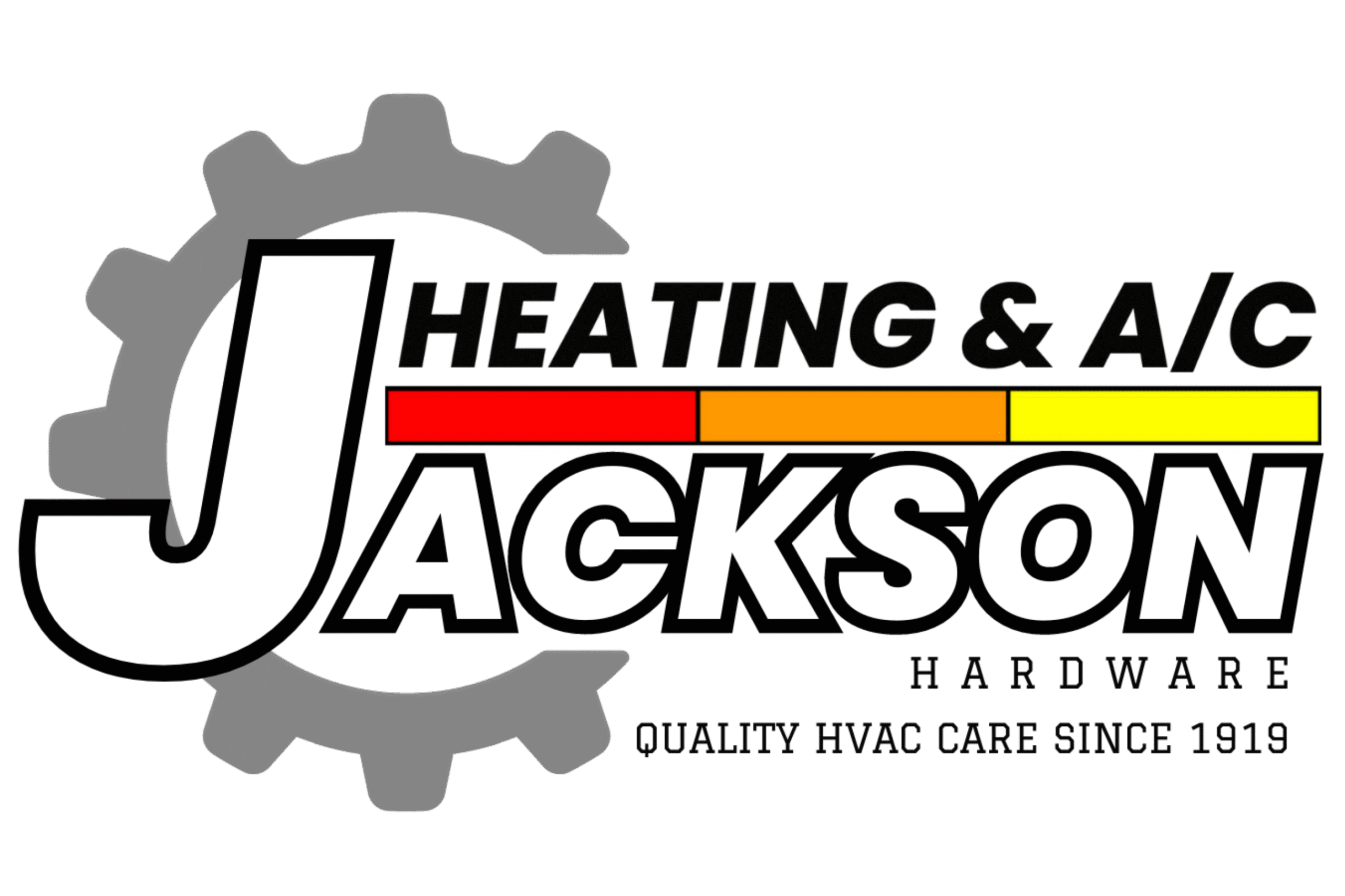 Logo for Jackson Heating & A/C, featuring a gear and multicolored bar. Text states "Quality HVAC Care Since 1919."