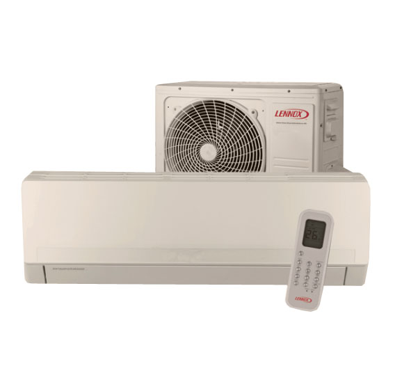 A Lennox air conditioning unit with remote control is displayed, featuring both indoor and outdoor components. The temperature reads 26 degrees.