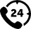 Simple icon of a 24-hour customer service phone, featuring a telephone handset with the number 24 in the center of an arrow circle.