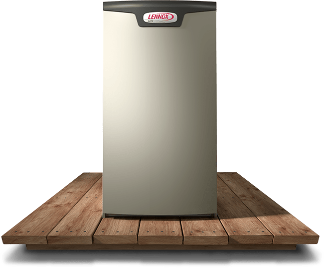 A Lennox HVAC unit is centered on a wooden platform, against a plain background, showcasing its sleek and modern design for heating solutions.