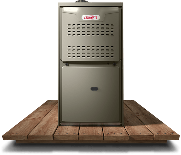 A gray Lennox furnace is displayed on a wooden platform, viewed from the front, highlighting its sleek, modern design and ventilation features.